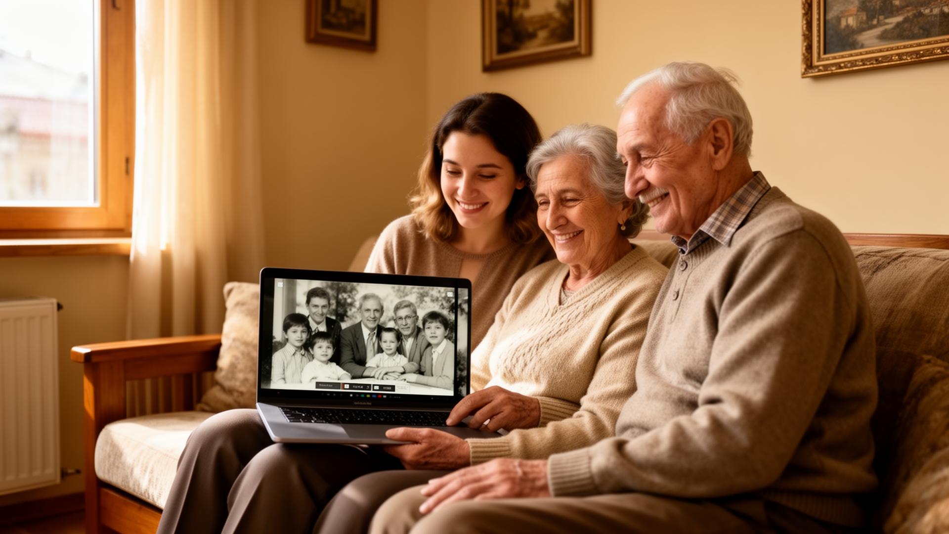 Дъщеря показва дигитализирано семейно видео на родителите си