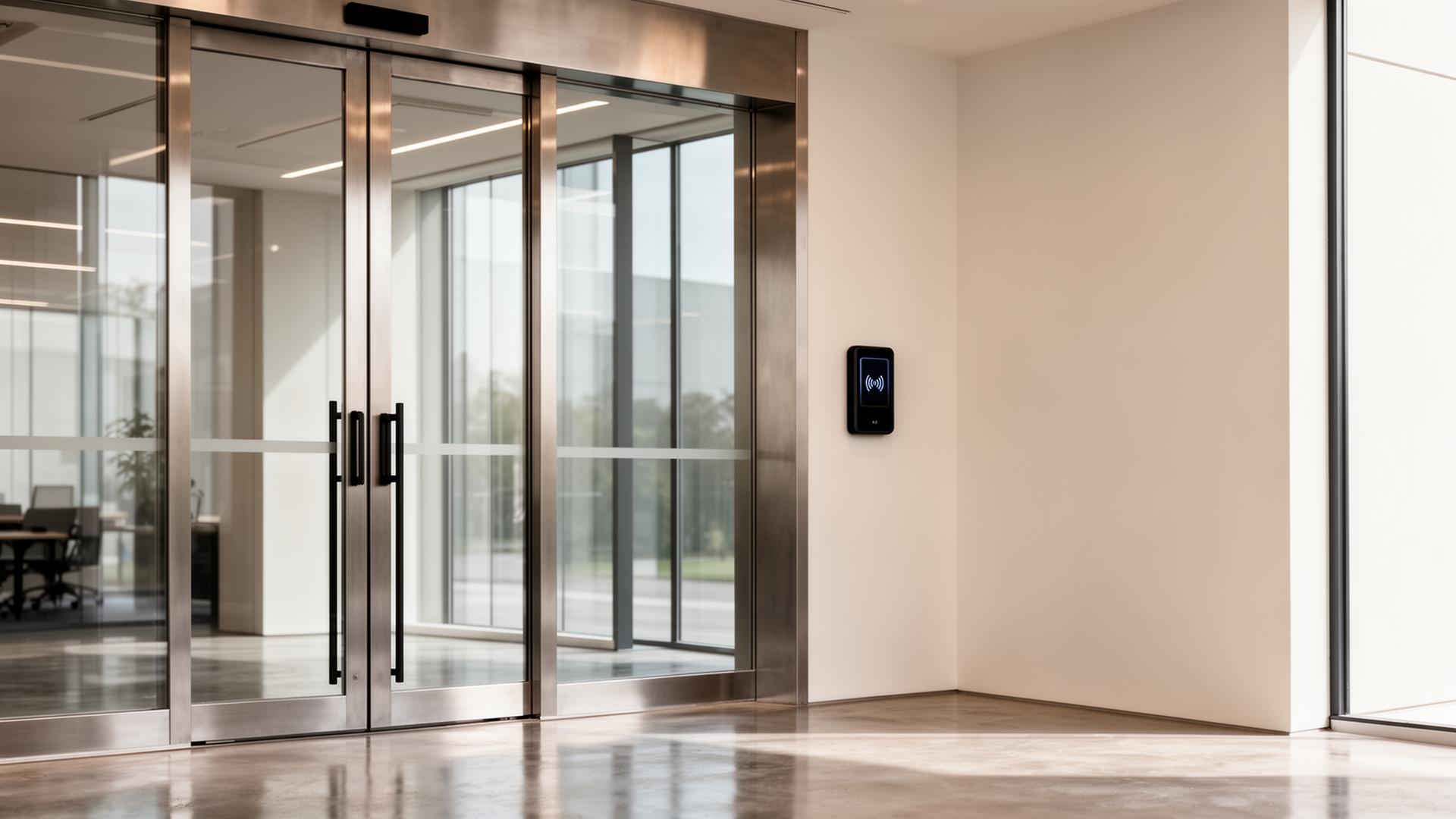 Модерна сграда с RFID четец до стъклена врата