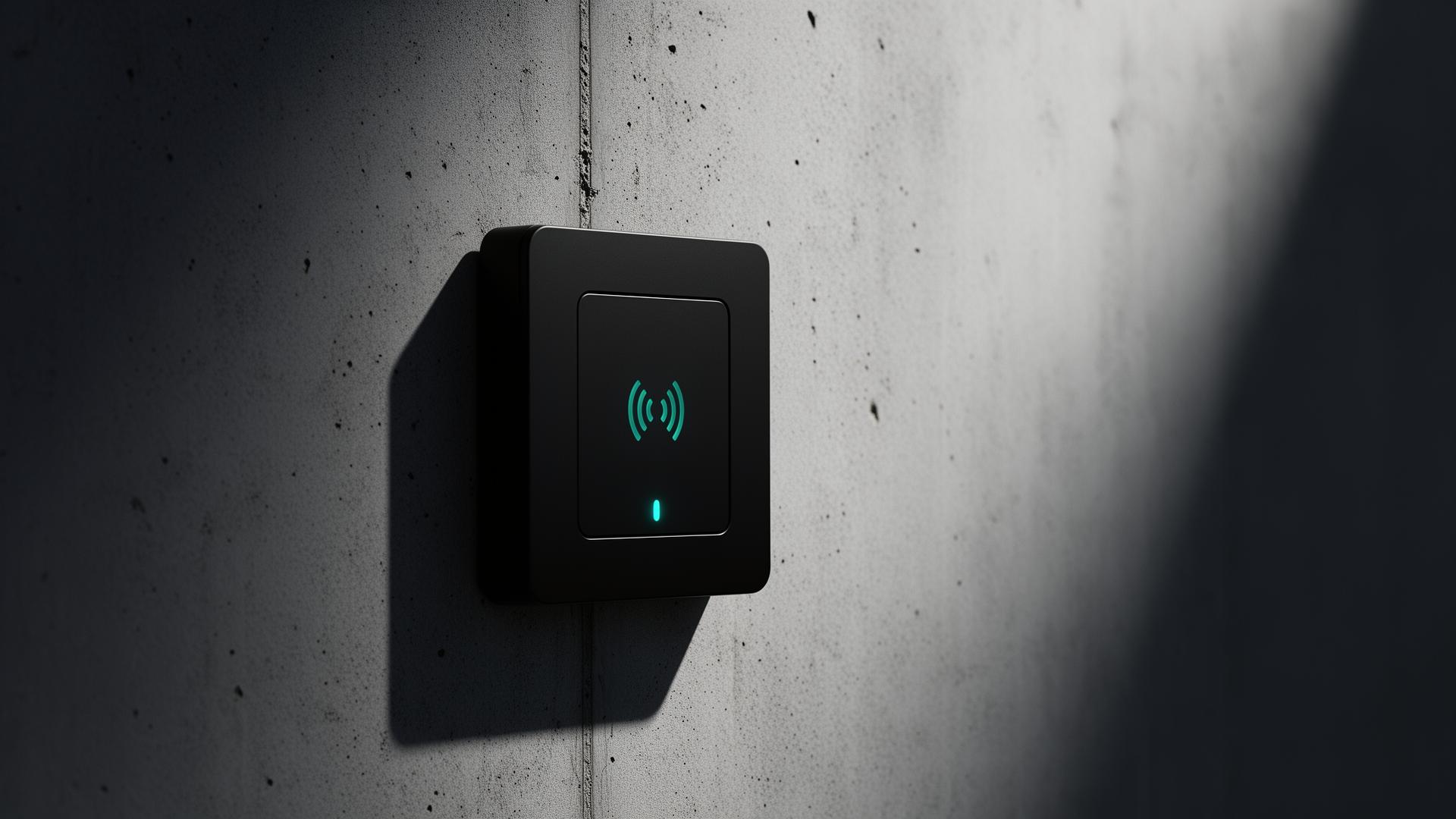 Близък план на матово черен RFID четец на бетонна стена